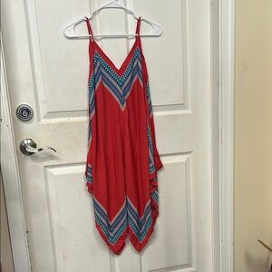 Meraki Women’s Red & Blue Geometric Asymmetrical Dress with Adjustable Straps L